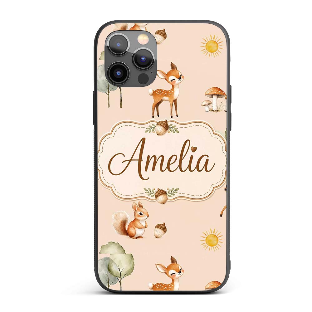 Cute Woodland Deer Fox Mushroom Seamless Pattern Custom Name Protective Phone Case Mobile Cover Durable Everyday Smartphone Shock Resistant