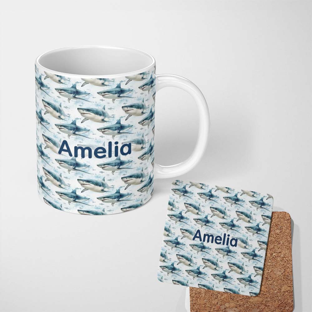 Personalized Custom Name Blue Shark Underwater Ocean Seamless Pattern Light Sea Background 11oz Ceramic Coffee Tea Mug White Large Handle