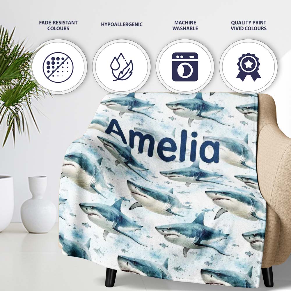 Blue Shark Underwater Ocean Seamless Pattern Light Sea Background Personalised Custom Name Super Soft Fleece Blanket Bed Sofa Throw