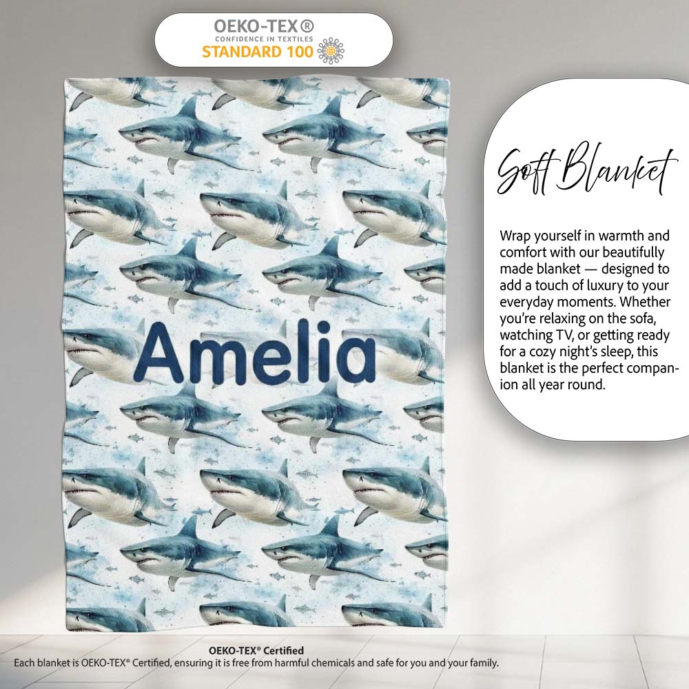 Blue Shark Underwater Ocean Seamless Pattern Light Sea Background Personalised Custom Name Super Soft Fleece Blanket Bed Sofa Throw