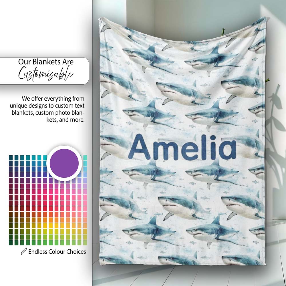 Blue Shark Underwater Ocean Seamless Pattern Light Sea Background Personalised Custom Name Super Soft Fleece Blanket Bed Sofa Throw