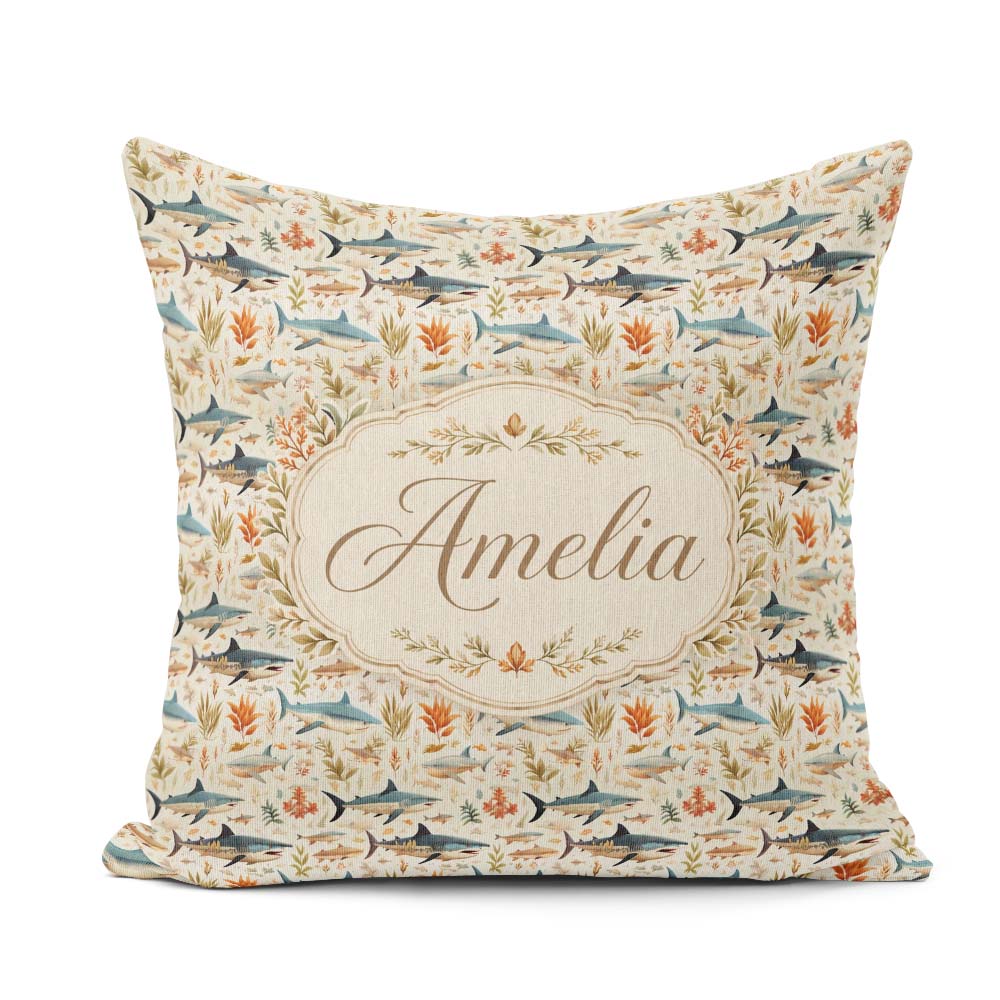 Custom Name Ocean Sharks Coral Reef Seamless Pattern Soft Beige Square Filled Cushion Throw Pillow Sofa Bed Home Decor Zip Washable UK Made