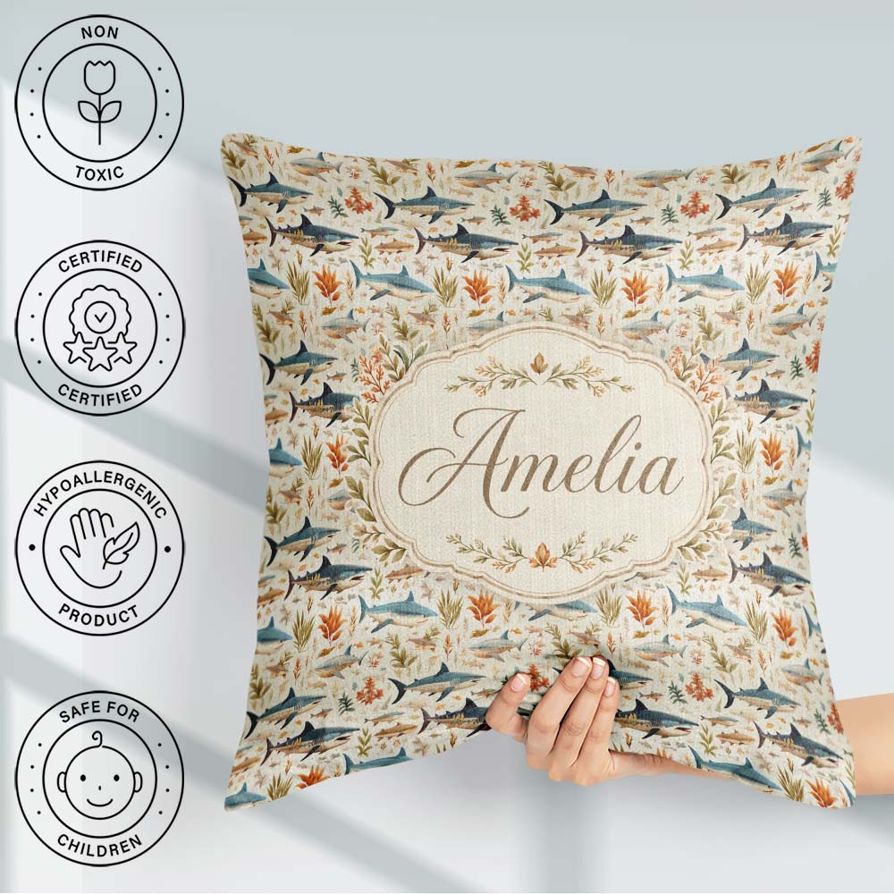 Custom Name Ocean Sharks Coral Reef Seamless Pattern Soft Beige Square Filled Cushion Throw Pillow Sofa Bed Home Decor Zip Washable UK Made