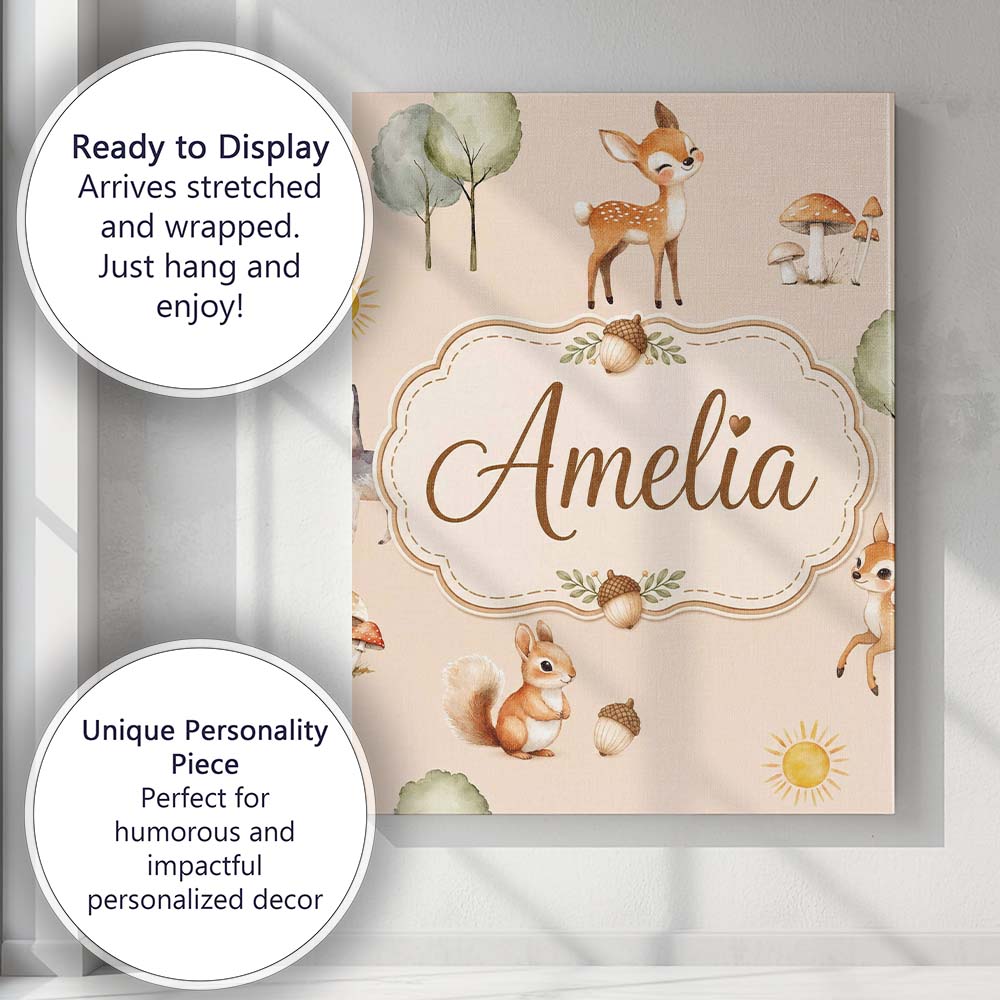 Personalised Name Cute Woodland Deer Fox Custom Unique Gift Idea Elegant Feature Canvas Wall Art Print Decor Picture Ready to Hang