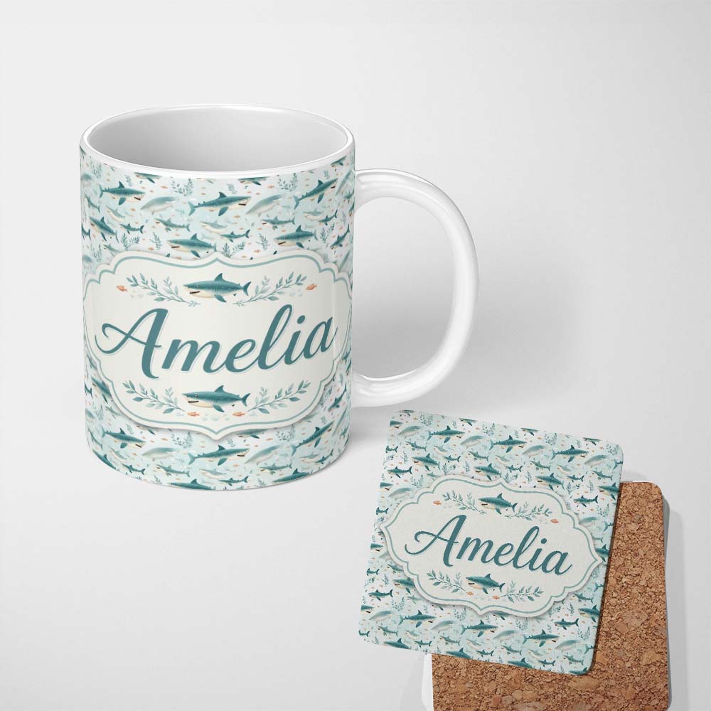 Personalized Custom Name Cute Blue Shark Underwater Seamless Pattern Light Ocean Background 11oz Ceramic Coffee Tea Mug White Large Handle
