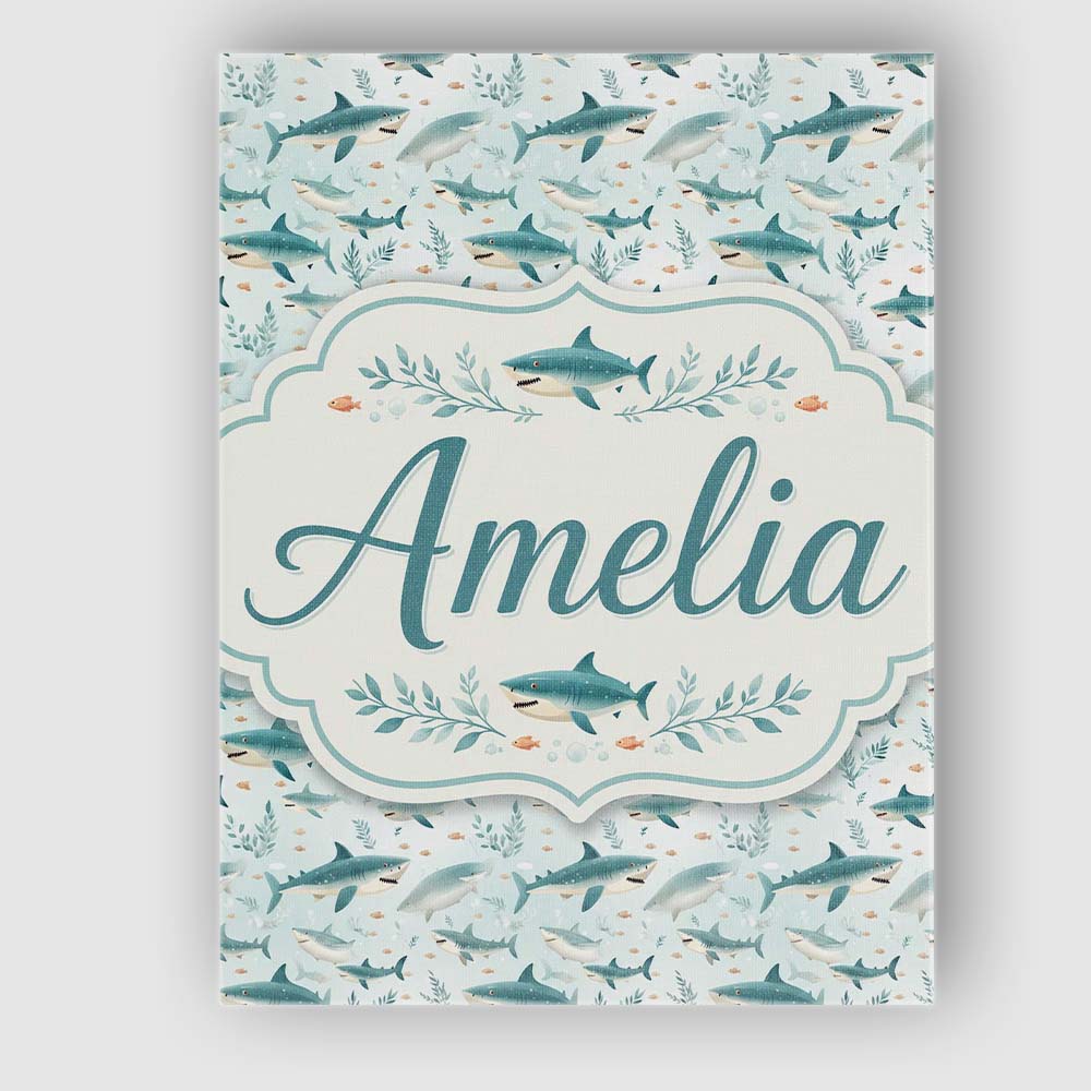 Personalised Name Cute Blue Shark Underwater Custom Bespoke Contemporary Display Canvas Wall Art Print Decor Picture Ready to Hang