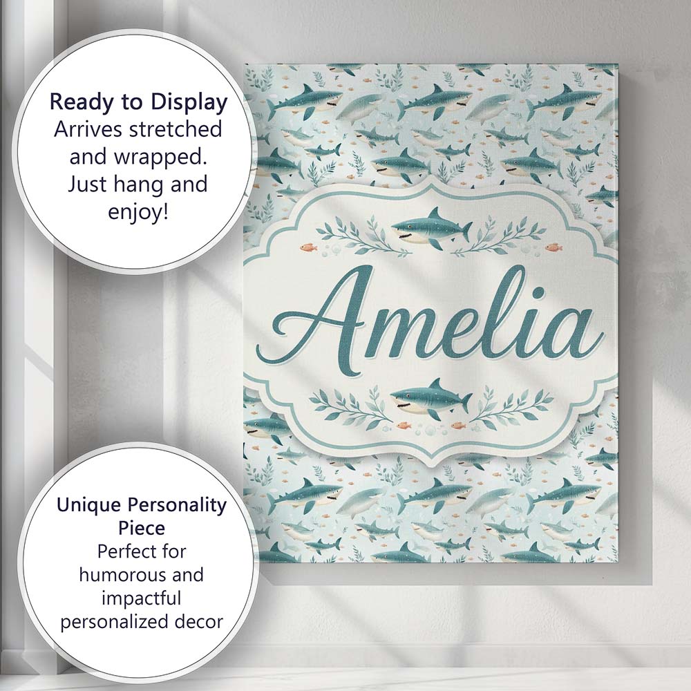 Personalised Name Cute Blue Shark Underwater Custom Bespoke Contemporary Display Canvas Wall Art Print Decor Picture Ready to Hang