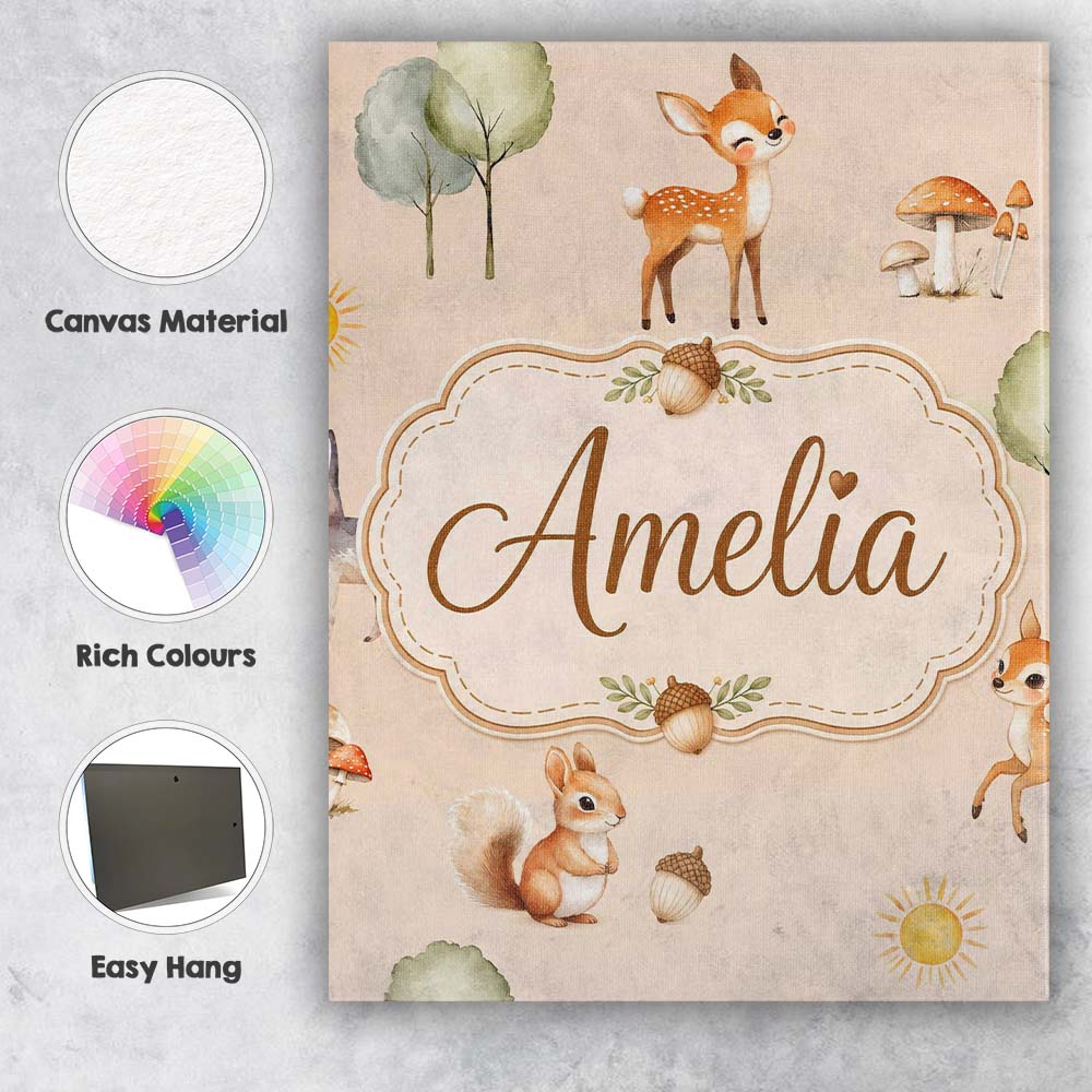 Personalised Name Cute Woodland Deer Fox Custom Unique Gift Idea Elegant Feature Canvas Wall Art Print Decor Picture Ready to Hang