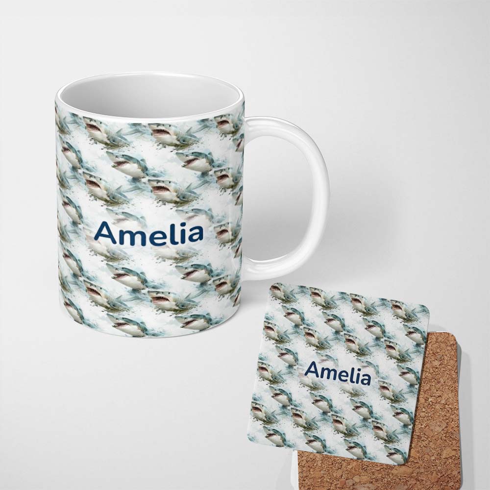 Personalized Custom Name Realistic Shark Splash Water Seamless Pattern Ocean Predator Design 11oz Ceramic Coffee Tea Mug White Large Handle