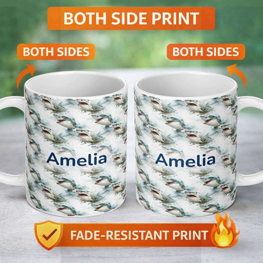 Personalized Custom Name Realistic Shark Splash Water Seamless Pattern Ocean Predator Design 11oz Ceramic Coffee Tea Mug White Large Handle