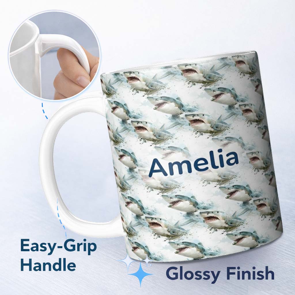 Personalized Custom Name Realistic Shark Splash Water Seamless Pattern Ocean Predator Design 11oz Ceramic Coffee Tea Mug White Large Handle