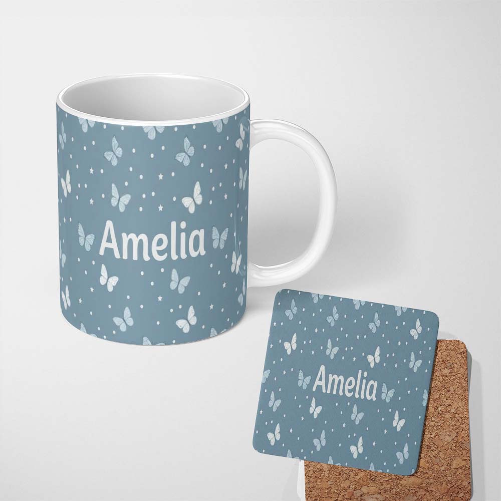 Personalized Custom Name Blue Butterflies Stars Dreamy Sky Seamless Pattern Soft Pastel 11oz Ceramic Coffee Tea Mug White Large Handle