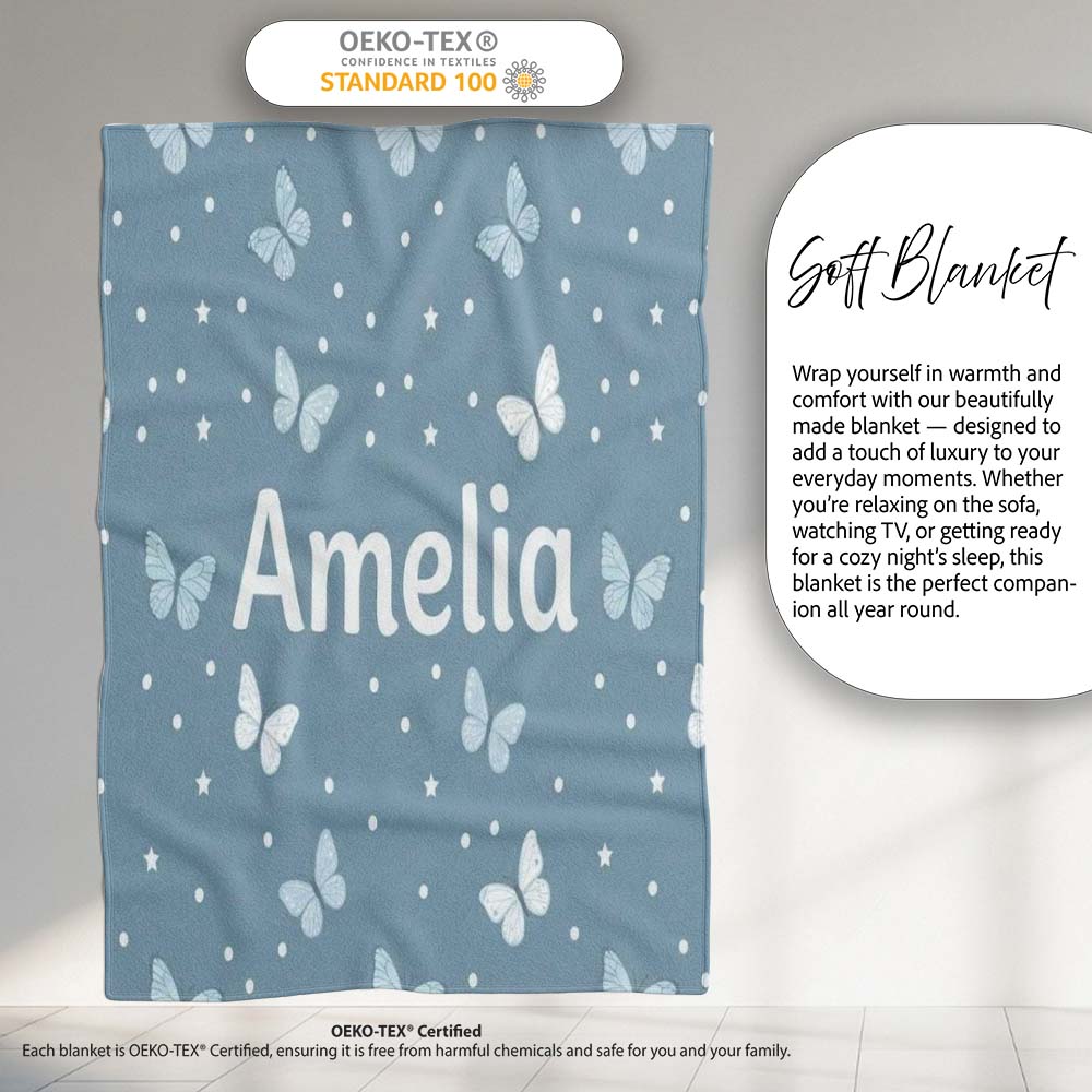 Blue Butterflies Stars Dreamy Sky Seamless Pattern Soft Pastel Personalised Custom Name Super Soft Fleece Blanket Bed Sofa Throw