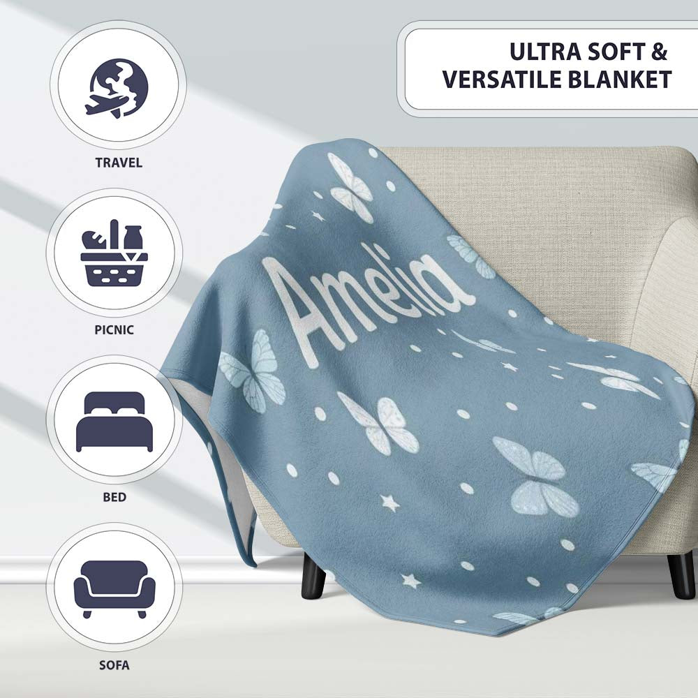 Blue Butterflies Stars Dreamy Sky Seamless Pattern Soft Pastel Personalised Custom Name Super Soft Fleece Blanket Bed Sofa Throw