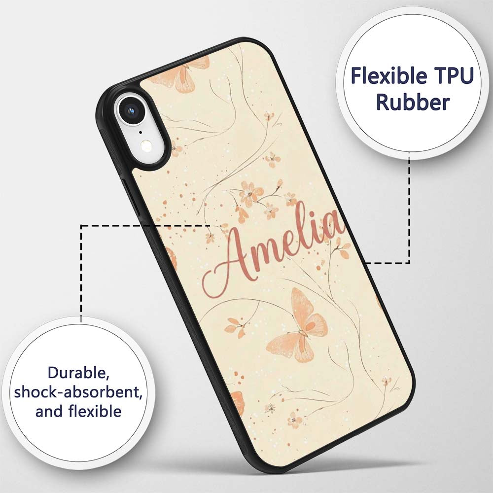 Peach Butterflies Floral Branches Printed Design Custom Name Protective Phone Case Mobile Cover Durable Everyday Smartphone Shock Resistant