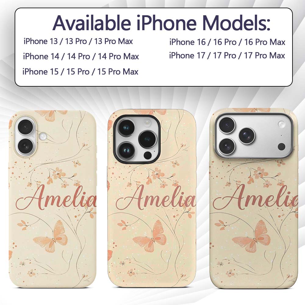 Peach Butterflies Floral Branches Printed Design Custom Name Protective Phone Case Mobile Cover Durable Everyday Smartphone Shock Resistant