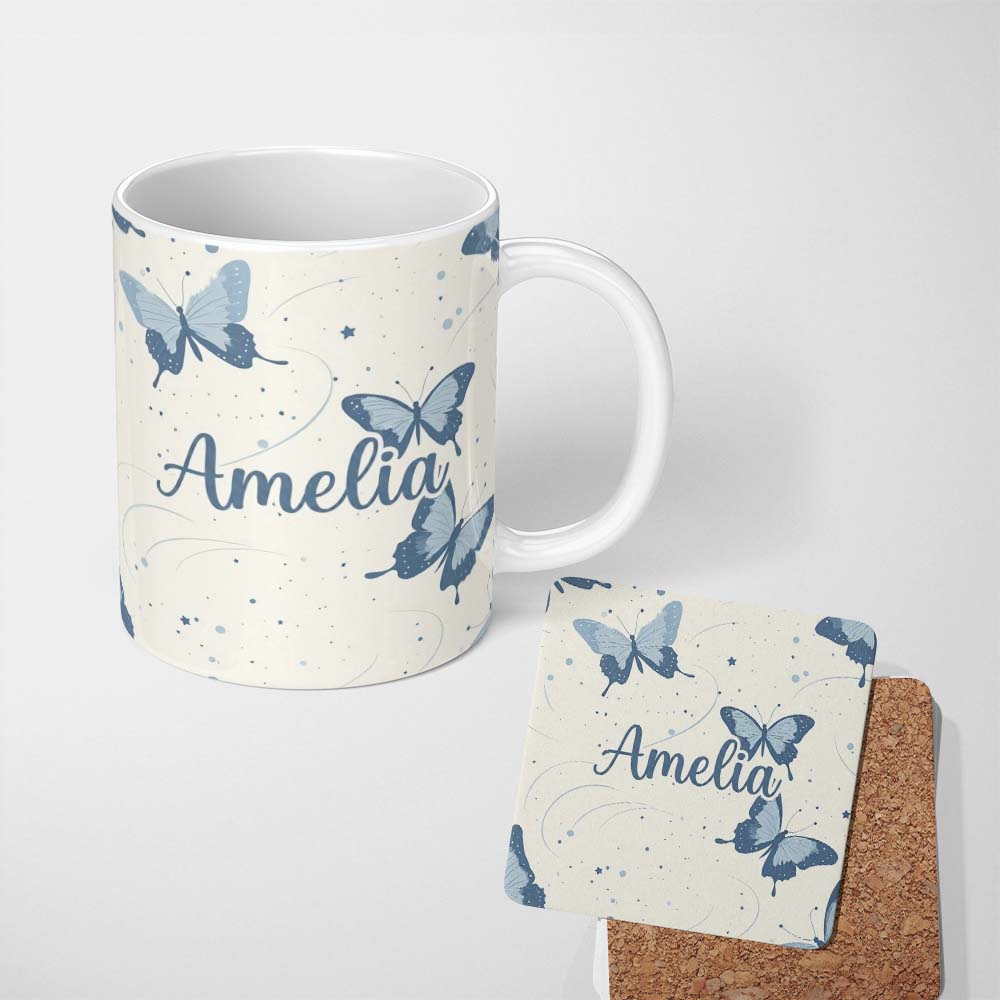 Personalized Custom Name Blue Butterflies Stars Night Sky Seamless Pattern Light Background 11oz Ceramic Coffee Tea Mug White Large Handle