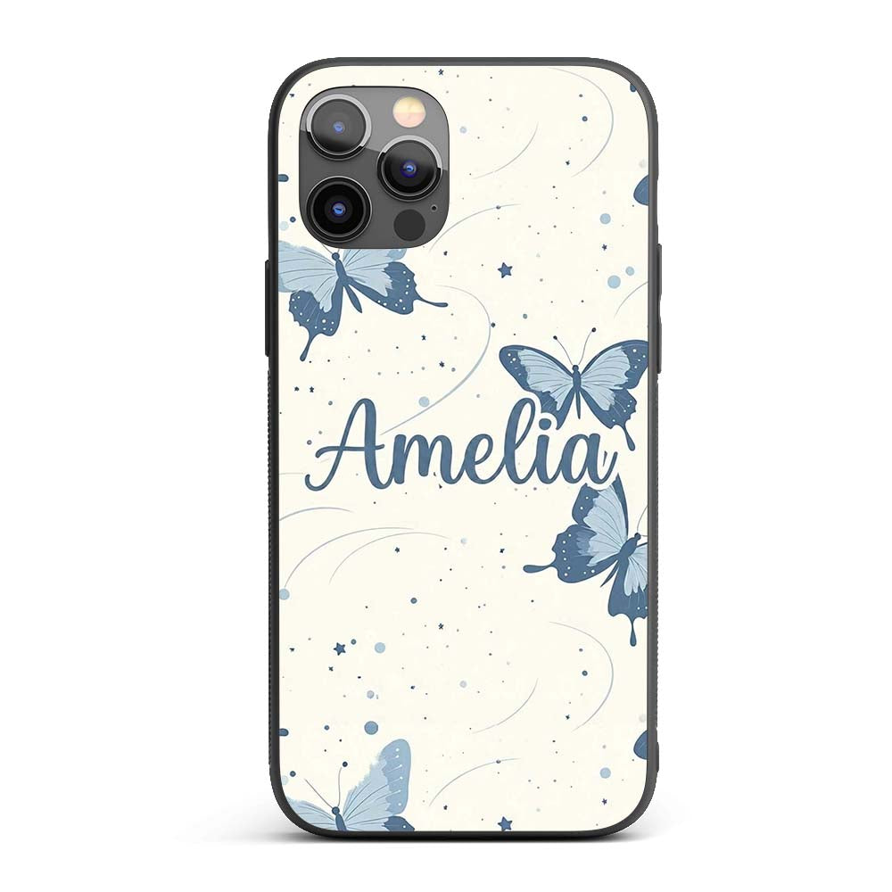 Blue Butterflies Stars Night Sky Seamless Pattern Custom Name Protective Phone Case Mobile Cover Durable Everyday Smartphone Shock Resistant