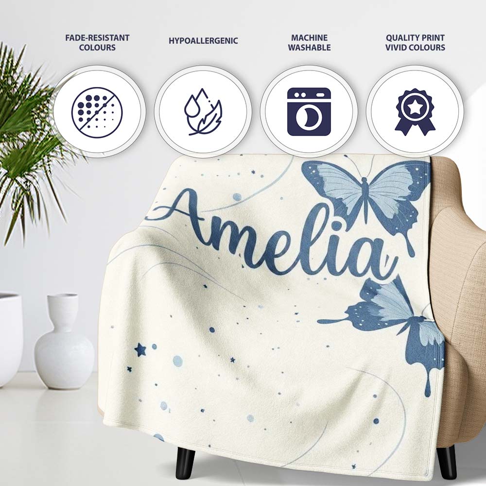 Blue Butterflies Stars Night Sky Seamless Pattern Light Background Personalised Custom Name Super Soft Fleece Blanket Bed Sofa Throw