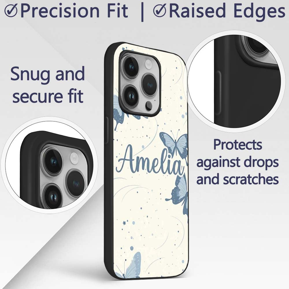Blue Butterflies Stars Night Sky Seamless Pattern Custom Name Protective Phone Case Mobile Cover Durable Everyday Smartphone Shock Resistant