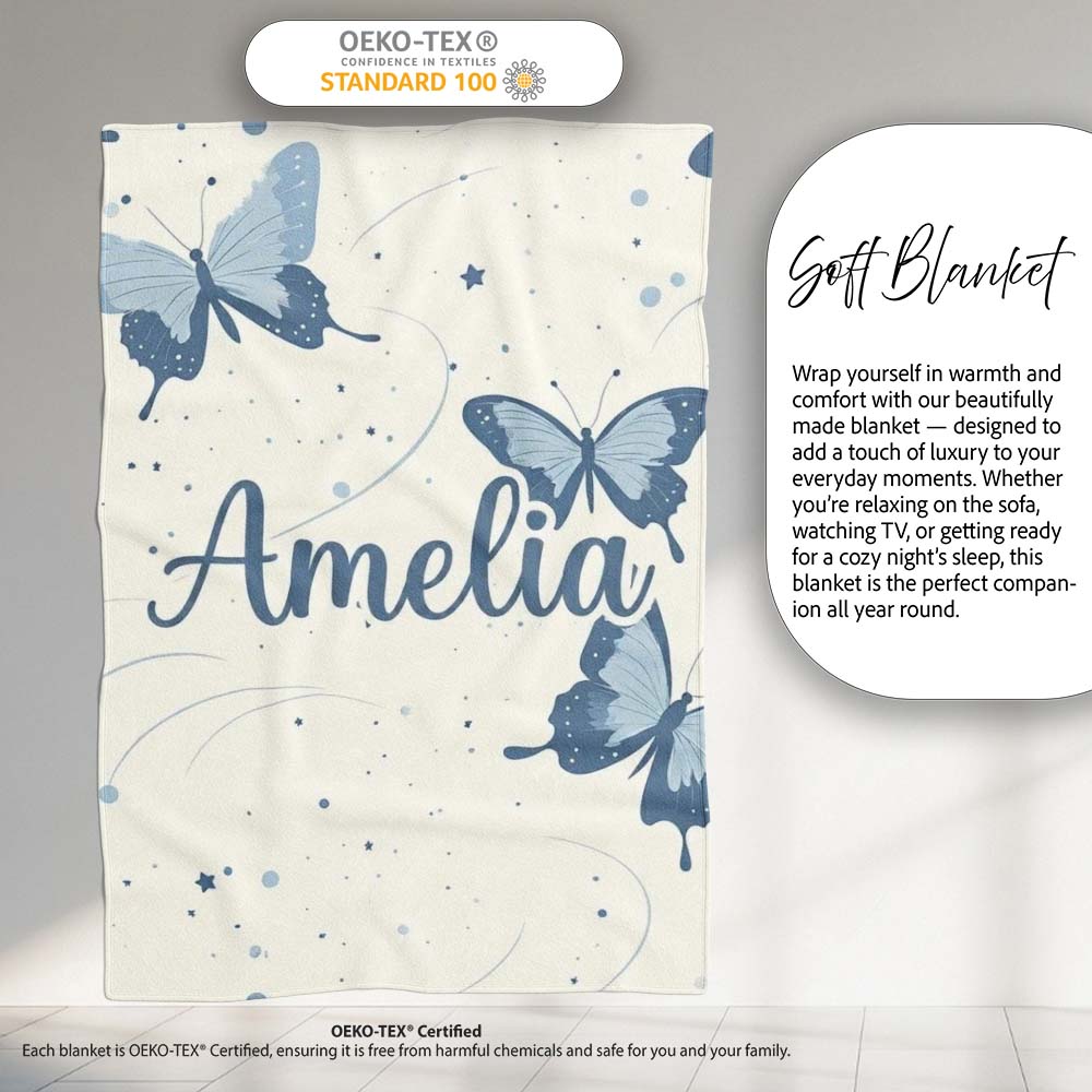Blue Butterflies Stars Night Sky Seamless Pattern Light Background Personalised Custom Name Super Soft Fleece Blanket Bed Sofa Throw