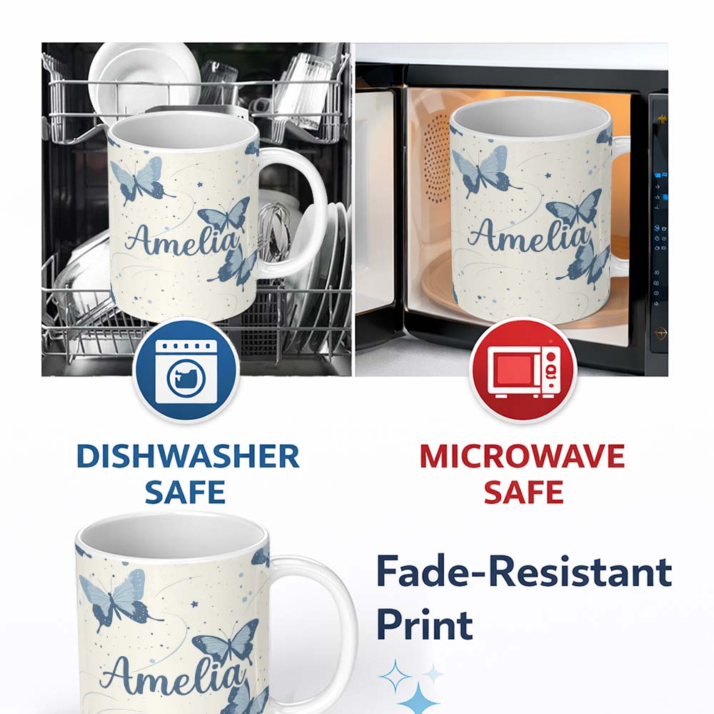 Personalized Custom Name Blue Butterflies Stars Night Sky Seamless Pattern Light Background 11oz Ceramic Coffee Tea Mug White Large Handle