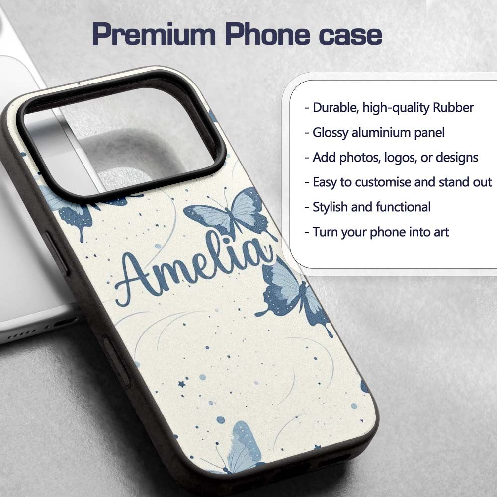 Blue Butterflies Stars Night Sky Seamless Pattern Custom Name Protective Phone Case Mobile Cover Durable Everyday Smartphone Shock Resistant