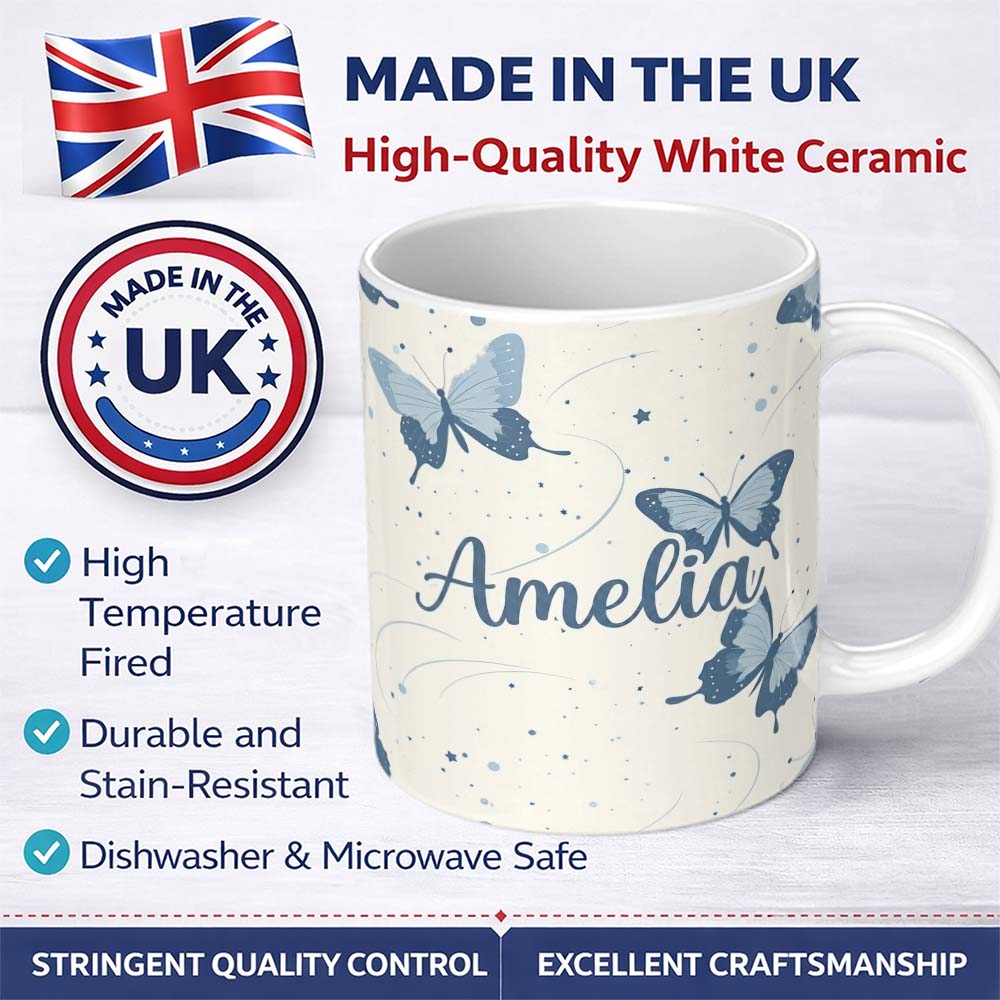 Personalized Custom Name Blue Butterflies Stars Night Sky Seamless Pattern Light Background 11oz Ceramic Coffee Tea Mug White Large Handle