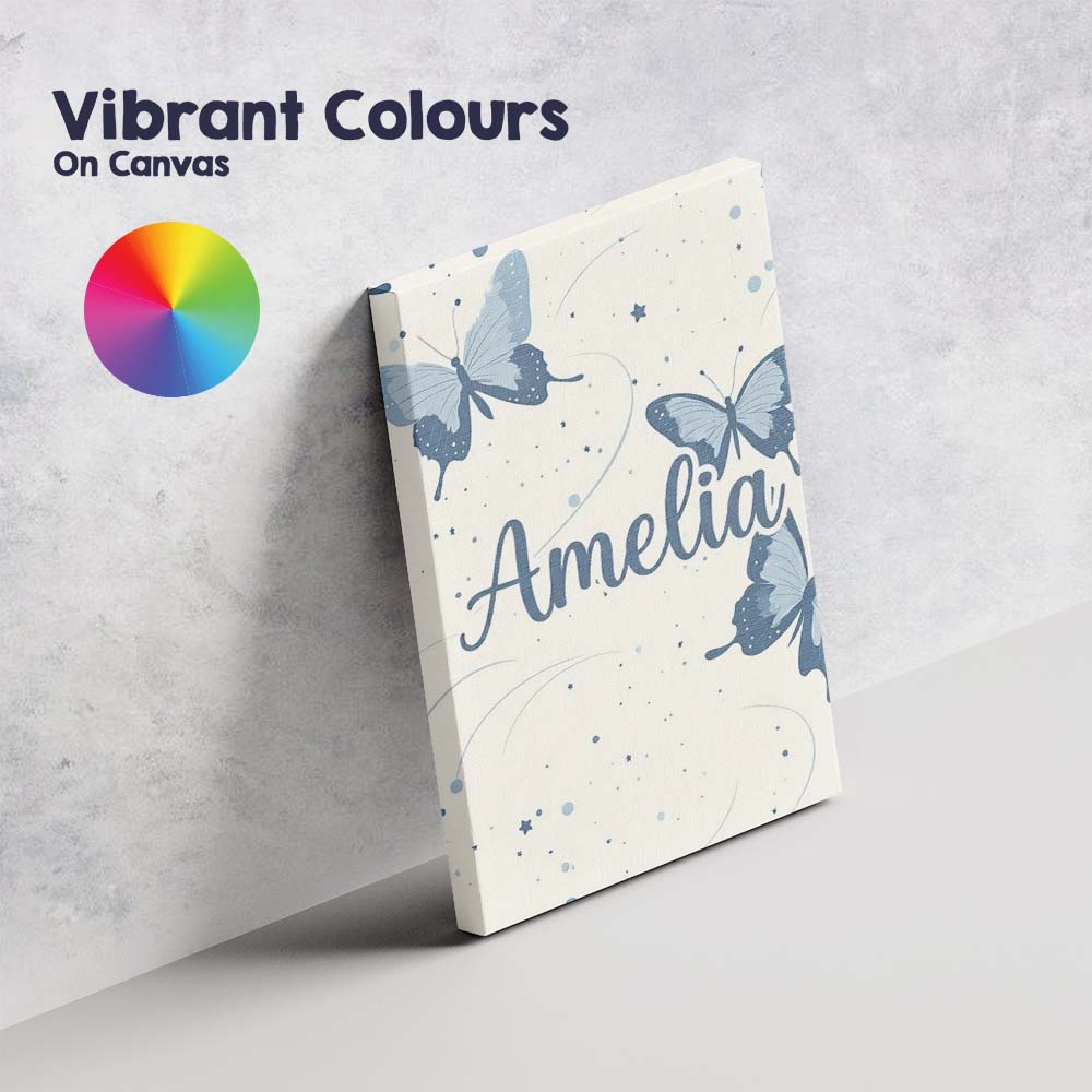 Personalised Name Blue Butterflies Stars Custom Unique Gift Idea Elegant Feature Canvas Wall Art Print Decor Picture Ready to Hang
