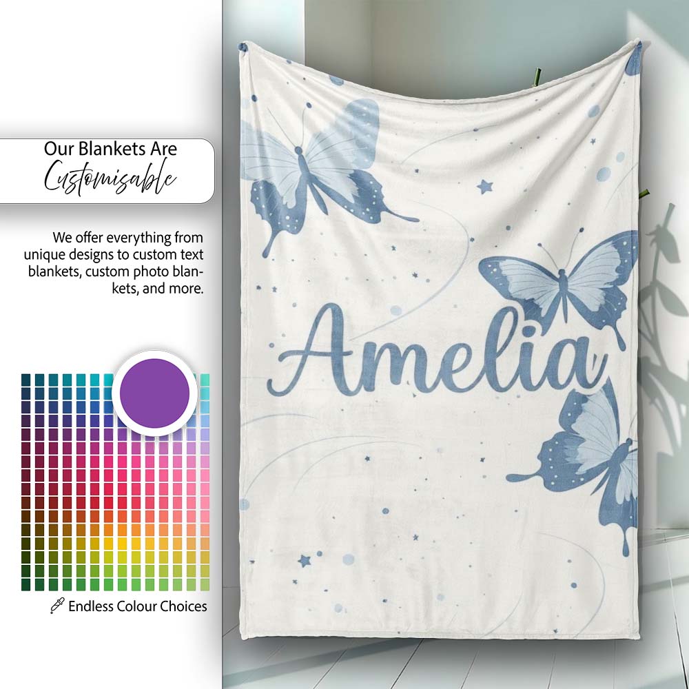 Blue Butterflies Stars Night Sky Seamless Pattern Light Background Personalised Custom Name Super Soft Fleece Blanket Bed Sofa Throw