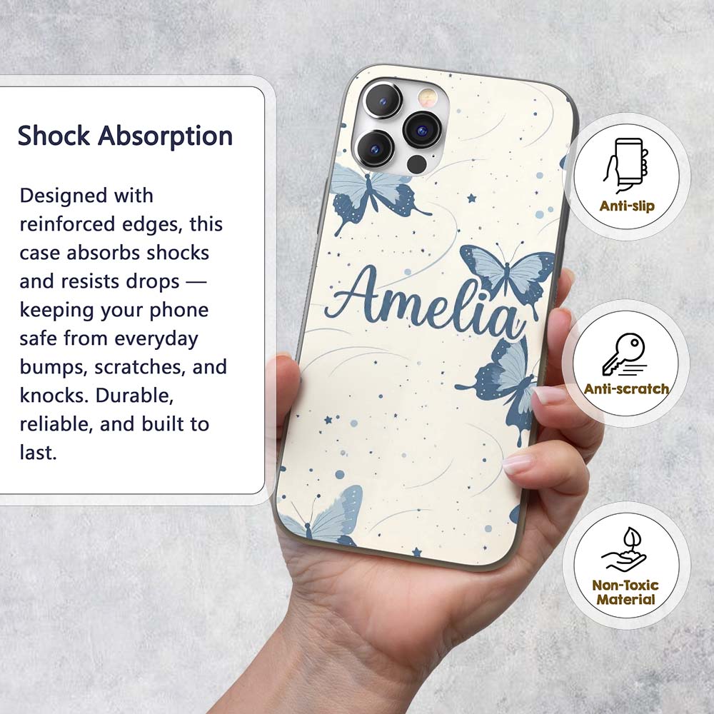 Blue Butterflies Stars Night Sky Seamless Pattern Custom Name Protective Phone Case Mobile Cover Durable Everyday Smartphone Shock Resistant