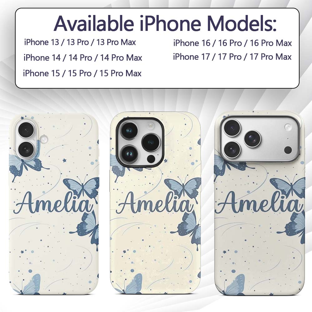 Blue Butterflies Stars Night Sky Seamless Pattern Custom Name Protective Phone Case Mobile Cover Durable Everyday Smartphone Shock Resistant