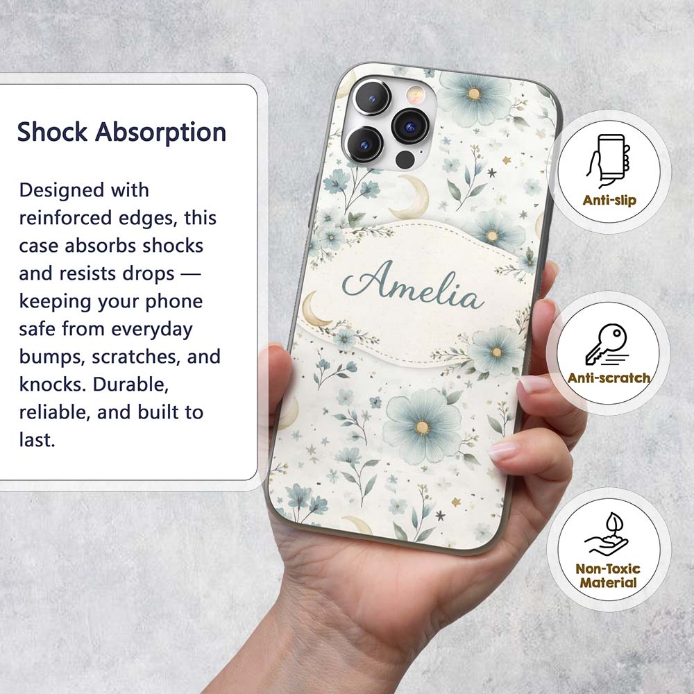 Blue Floral Moon Seamless Pattern Printed Design Custom Name Protective Phone Case Mobile Cover Durable Everyday Smartphone Shock Resistant
