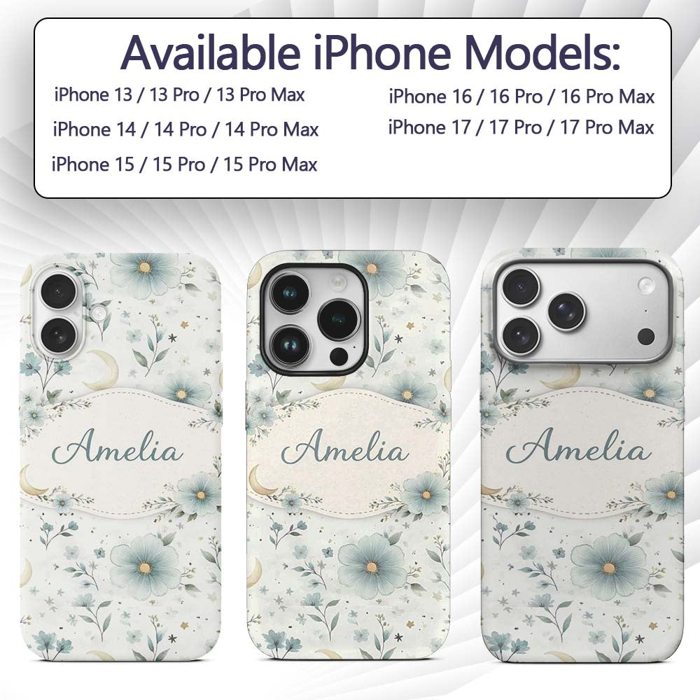 Blue Floral Moon Seamless Pattern Printed Design Custom Name Protective Phone Case Mobile Cover Durable Everyday Smartphone Shock Resistant