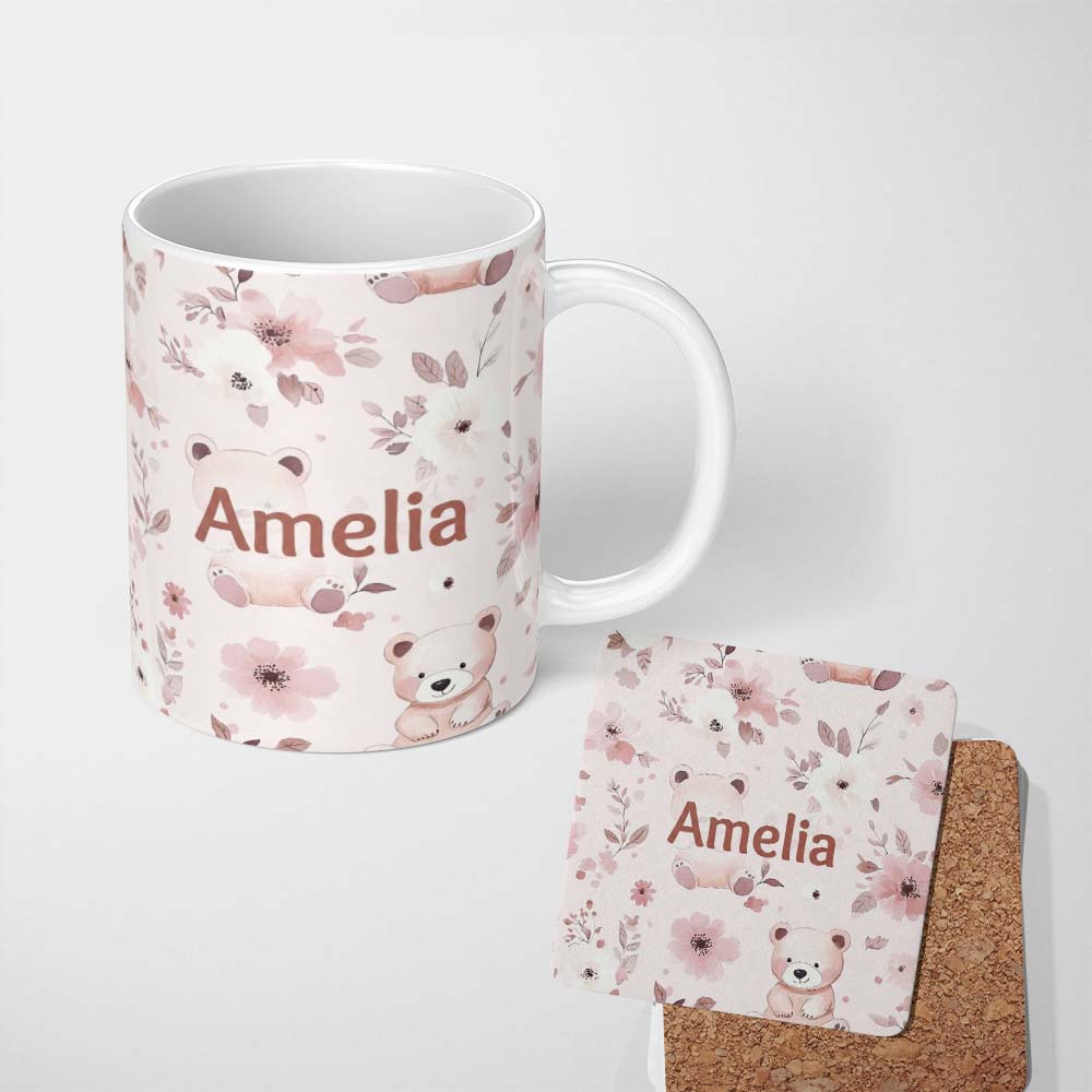 Personalized Custom Name Cute Teddy Bear Pink Floral Seamless Pattern Baby Nursery Design 11oz Ceramic Coffee Tea Mug White Large Handle