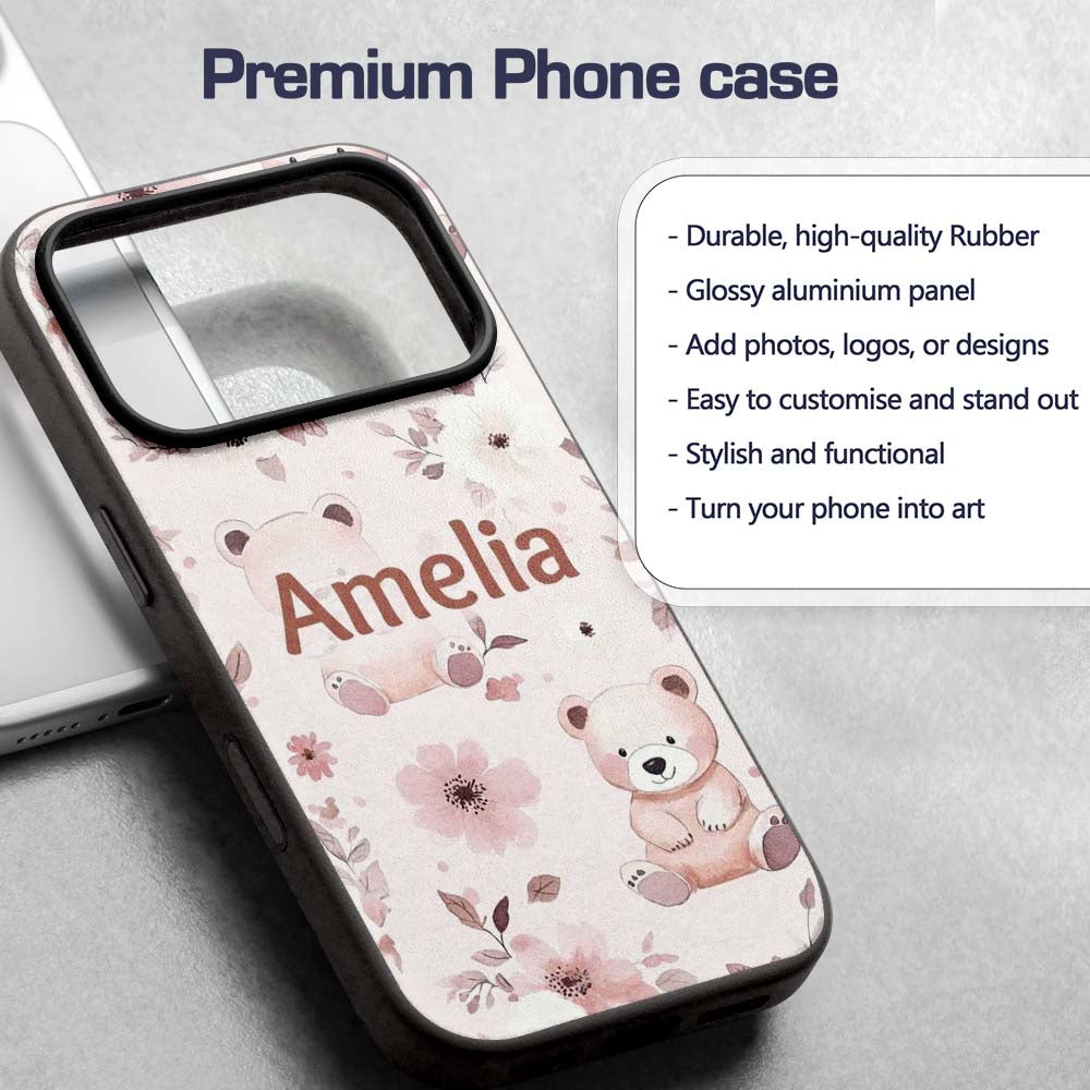 Cute Teddy Bear Pink Floral Seamless Pattern Baby Custom Name Protective Phone Case Mobile Cover Durable Everyday Smartphone Shock Resistant