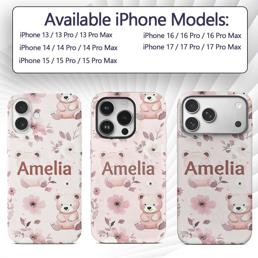 Cute Teddy Bear Pink Floral Seamless Pattern Baby Custom Name Protective Phone Case Mobile Cover Durable Everyday Smartphone Shock Resistant