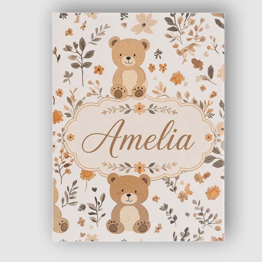 Personalised Name Cute Teddy Bear Floral Custom Unique Gift Idea Elegant Feature Canvas Wall Art Print Decor Picture Ready to Hang