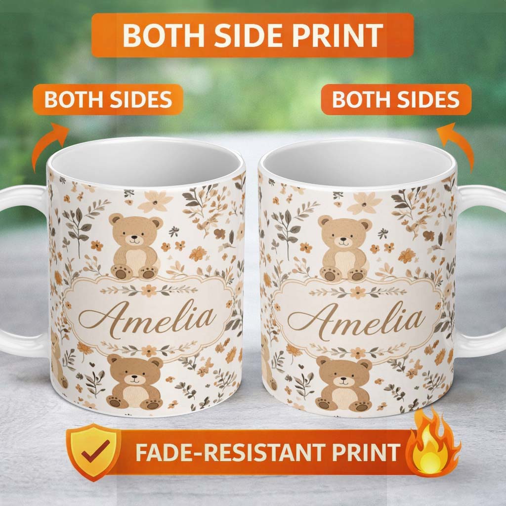Personalized Custom Name Cute Teddy Bear Floral Leaves Seamless Pattern Soft Neutral 11oz Ceramic Coffee Tea Mug White Large Handle