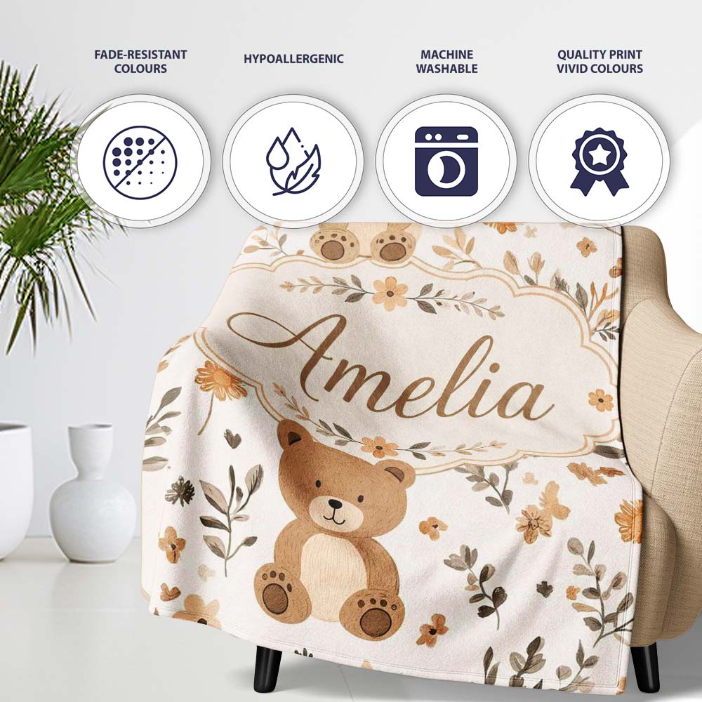 Cute Teddy Bear Floral Leaves Seamless Pattern Soft Neutral Personalised Custom Name Super Soft Fleece Blanket Bed Sofa Throw