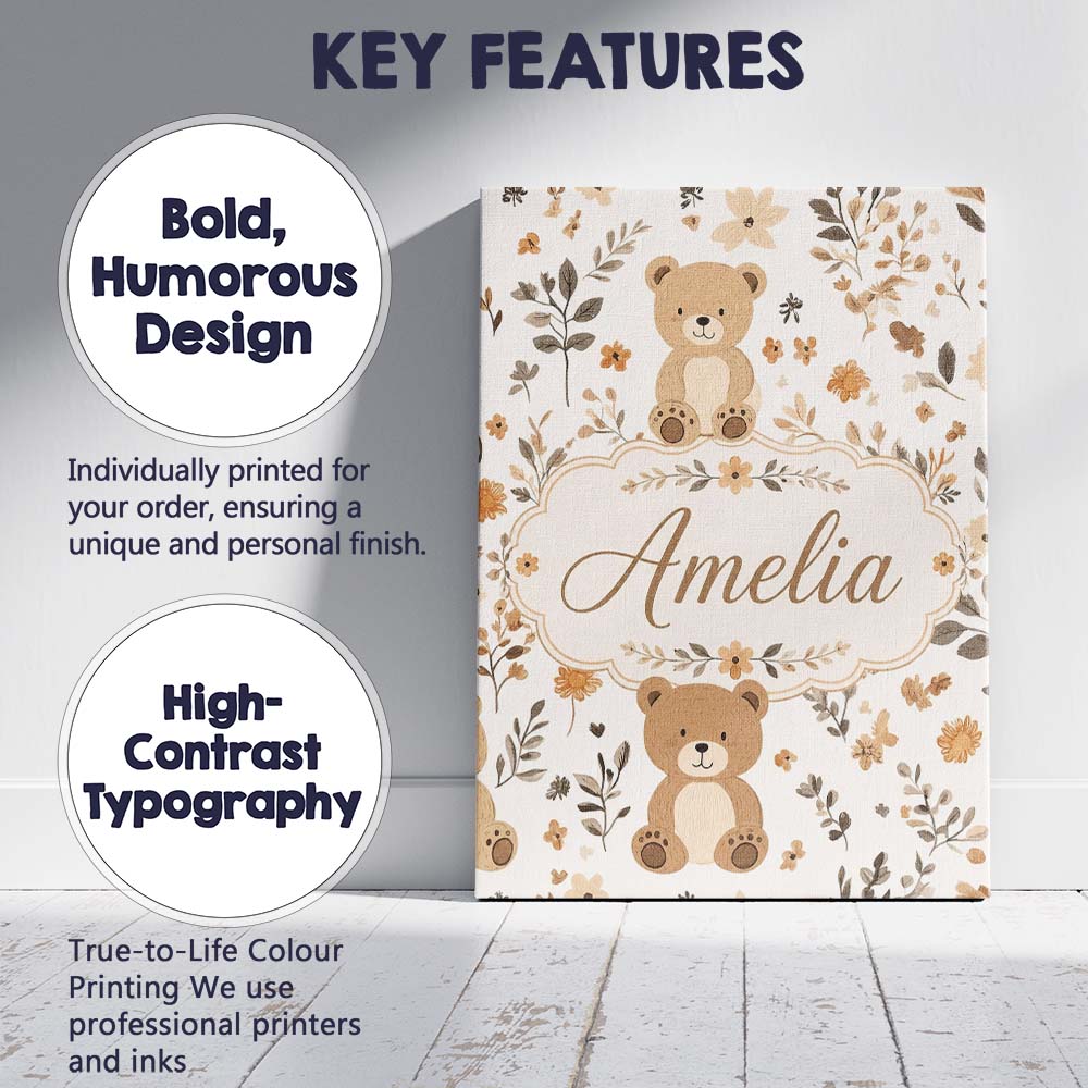 Personalised Name Cute Teddy Bear Floral Custom Unique Gift Idea Elegant Feature Canvas Wall Art Print Decor Picture Ready to Hang