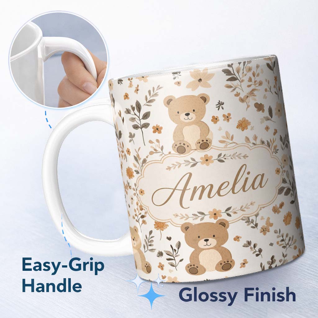 Personalized Custom Name Cute Teddy Bear Floral Leaves Seamless Pattern Soft Neutral 11oz Ceramic Coffee Tea Mug White Large Handle