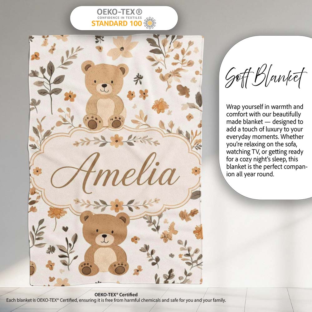 Cute Teddy Bear Floral Leaves Seamless Pattern Soft Neutral Personalised Custom Name Super Soft Fleece Blanket Bed Sofa Throw