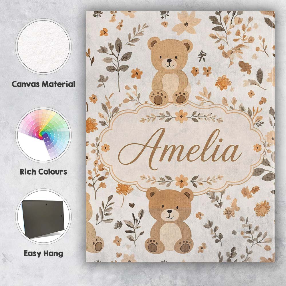 Personalised Name Cute Teddy Bear Floral Custom Unique Gift Idea Elegant Feature Canvas Wall Art Print Decor Picture Ready to Hang