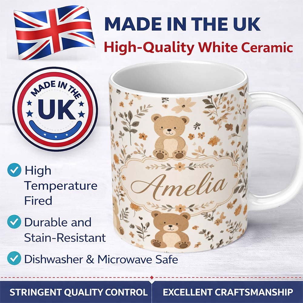 Personalized Custom Name Cute Teddy Bear Floral Leaves Seamless Pattern Soft Neutral 11oz Ceramic Coffee Tea Mug White Large Handle