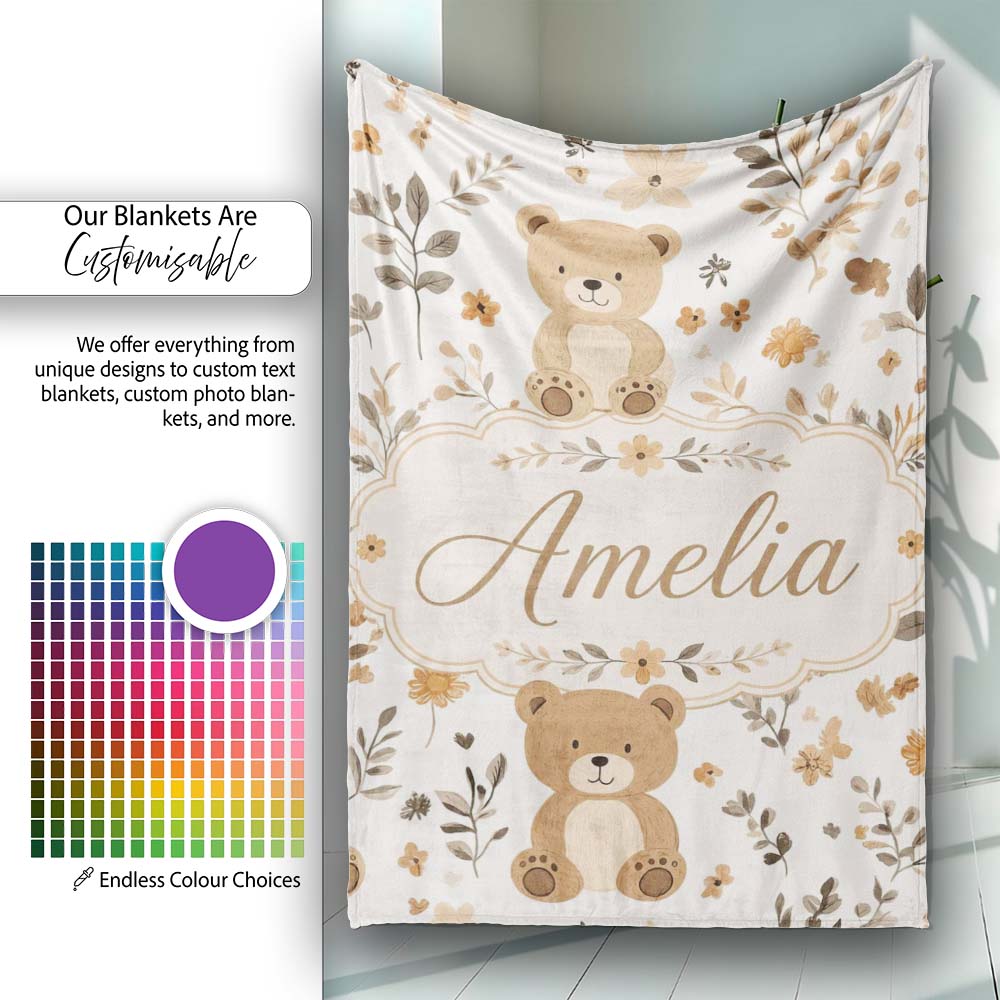 Cute Teddy Bear Floral Leaves Seamless Pattern Soft Neutral Personalised Custom Name Super Soft Fleece Blanket Bed Sofa Throw