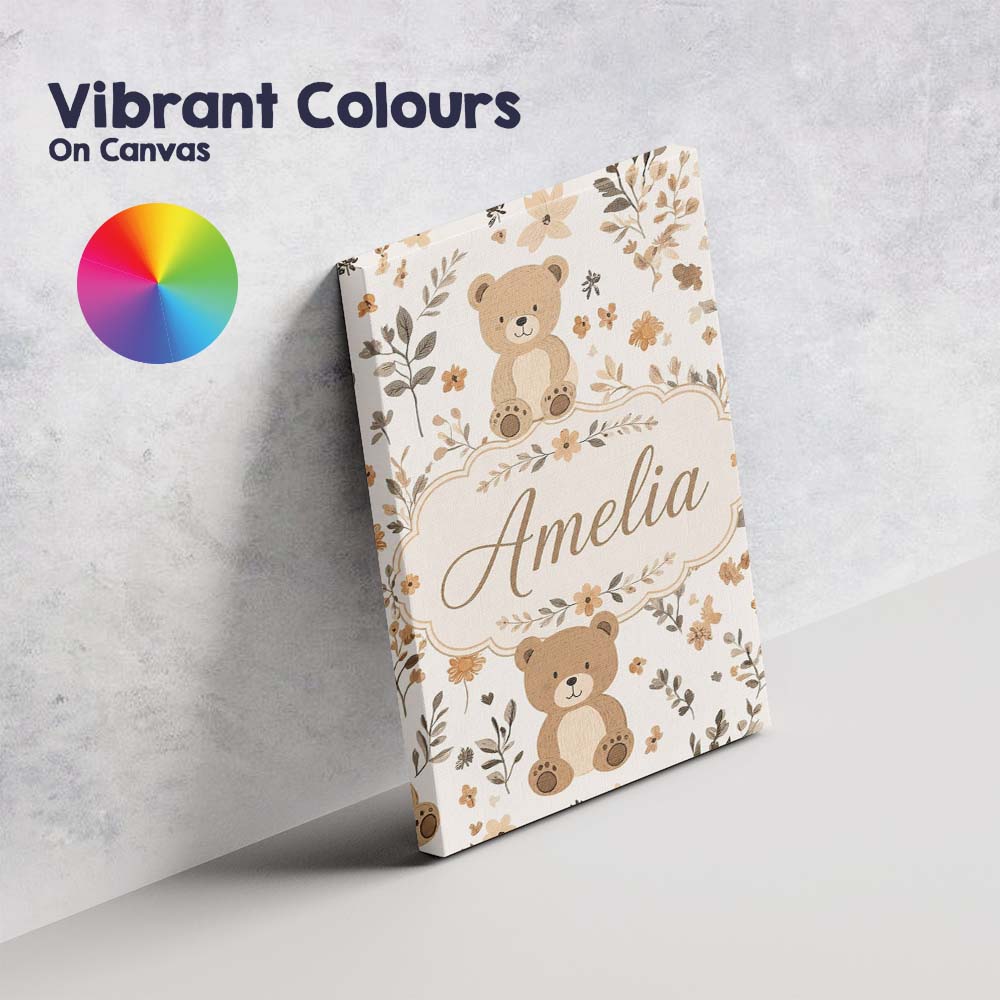Personalised Name Cute Teddy Bear Floral Custom Unique Gift Idea Elegant Feature Canvas Wall Art Print Decor Picture Ready to Hang