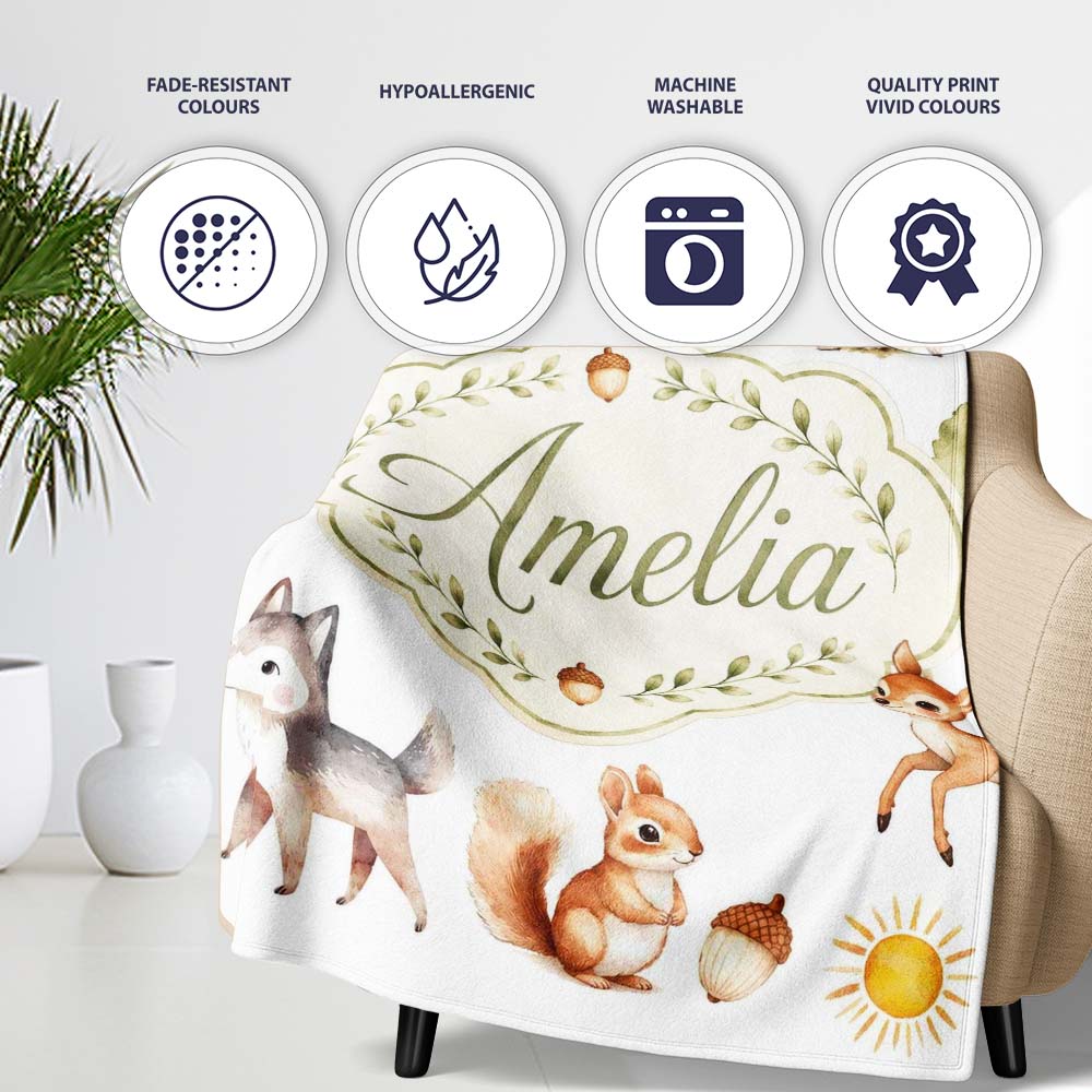 Cute Woodland Forest Animals Bear Bunny Deer Seamless on Blue Lovely Personalised Custom Name Super Soft Fleece Blanket Bed Sofa Throw
