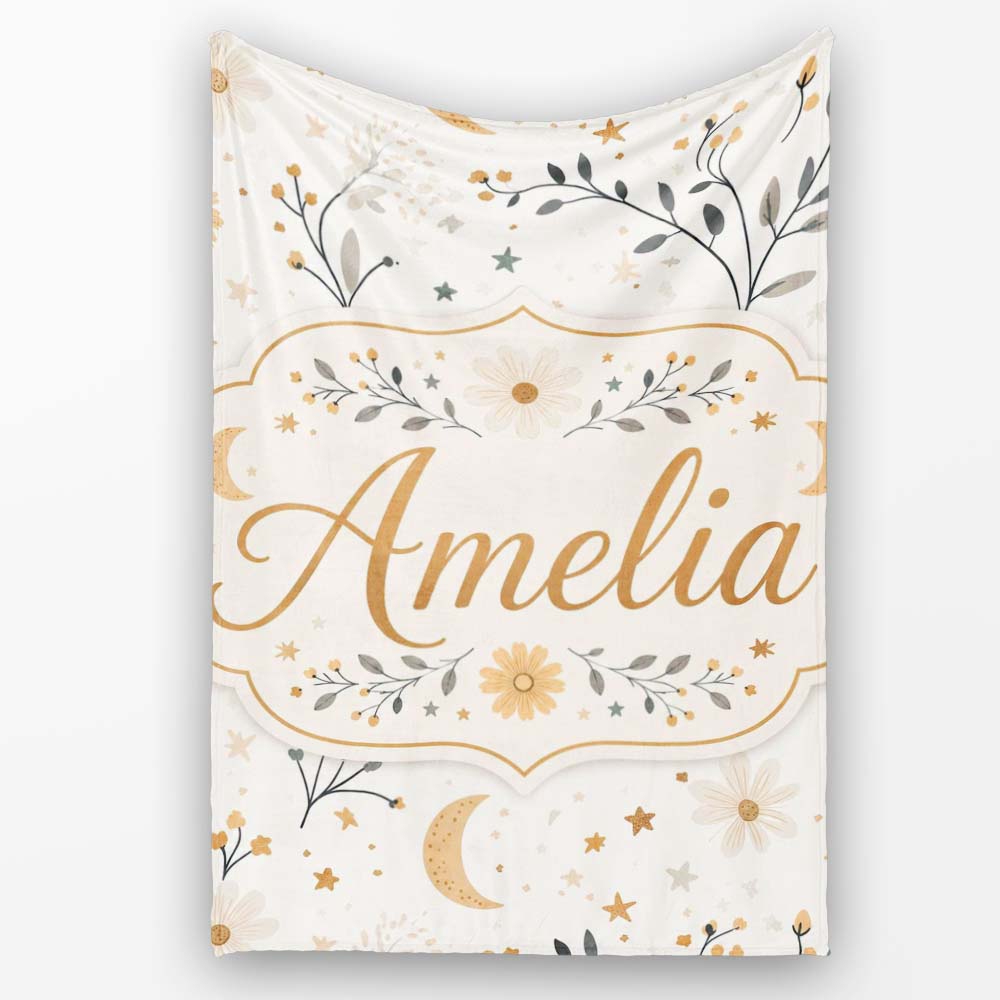 Moon Stars Floral Botanical Seamless Pattern Neutral Background Personalised Custom Name Super Soft Fleece Blanket Bed Sofa Throw