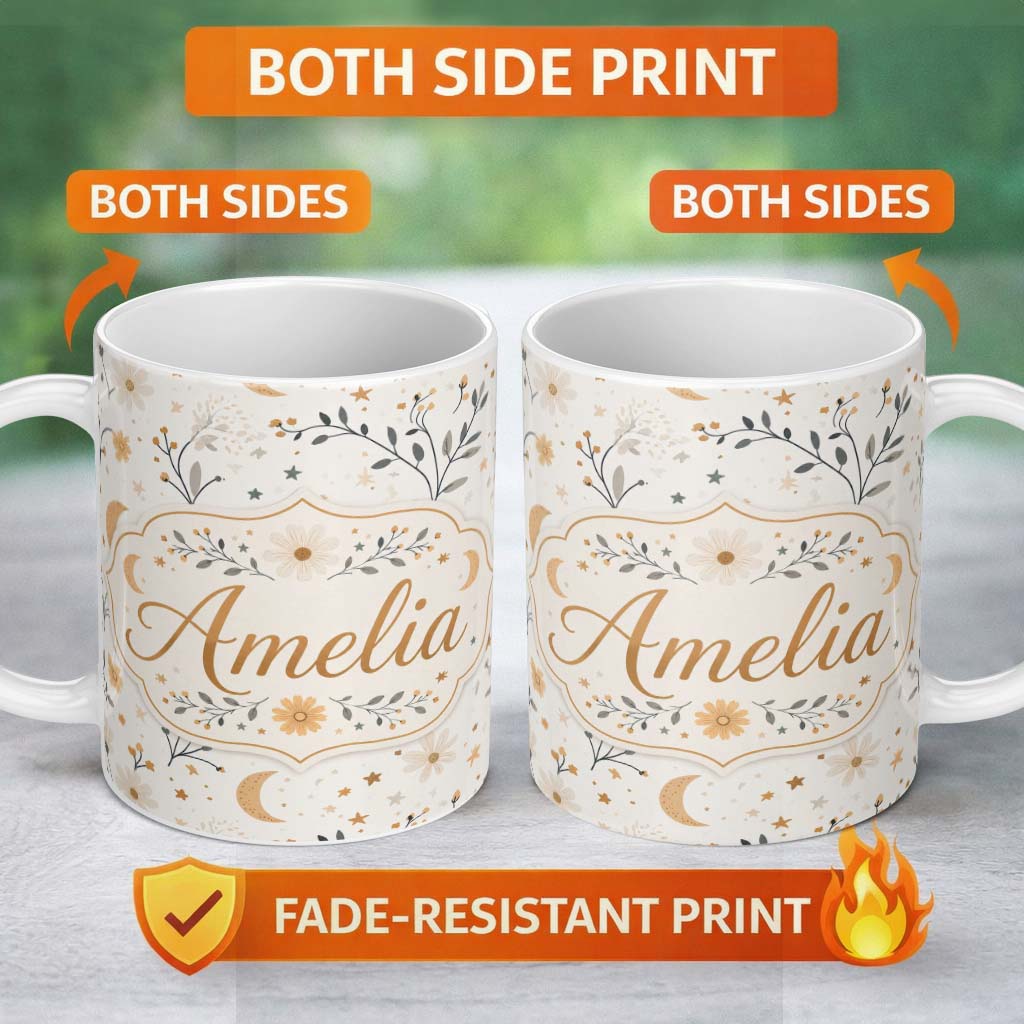 Personalized Custom Name Moon Stars Floral Botanical Seamless Pattern Neutral Background 11oz Ceramic Coffee Tea Mug White Large Handle